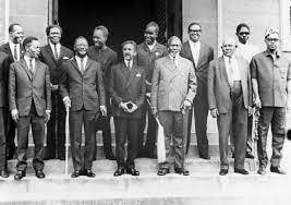 African Leaders At Conference(Original Caption) 12/22/1967-Kampala, Uganda- The heads of state and the leaders of governments of East and Central Africa are pictured prior to the opening of their summit conference. Standing in the front row are (L-R): Mr. Kayibanda, President of Rwanda; Mr. Jean B. Bokassa, President of the Central African Republic; Emperor Haile Selassie of Ethiopia; Dr. Jomo Kenyatta, President of Kenya; Mr. El Azhari, President of the Sudan; and Lieutenant General Joseph Mobutu, President of the Republic of the Congo.