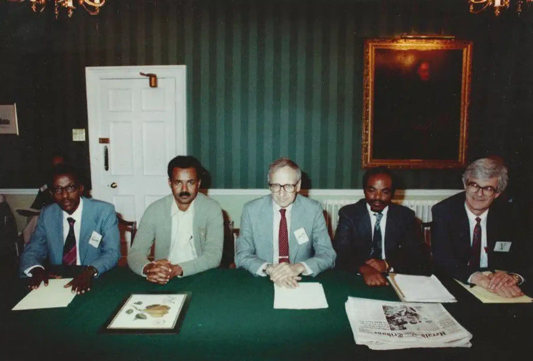 Ethiopia’s previous transitional government takes shape at the London Conference of 1991. Left to right, Lencho Leta, Isaias Afeworki, Herman J. Cohen, and Meles Zenawi.